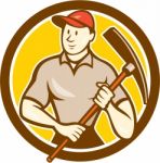 Construction Worker Holding Pickaxe Circle Cartoon Stock Photo