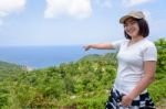 Women Tourist On Viewpoint At Koh Tao Stock Photo