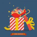 Santa Sleigh Out Of Big Gift Box Stock Photo