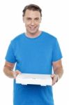 Hungry Man Holding Pizza Box Stock Photo