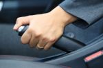 Business Womanput The Hand Brake Car Stock Photo