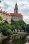 People Canoeing Down The Vlatava River To Krumlov Stock Photo