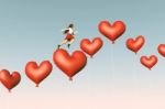 Girl Jumping Or Running On Red Heart Balloons,3d Illustration Stock Photo