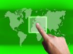 Hand Touch Touchscreen On World Map Shows Internet Web Stock Photo