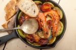 Roasted Shrimps With Zucchini And Tomatoes Stock Photo