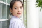 Portrait Of Thai High School Student Uniform Teen Beautiful Girl Happy And Relax, Stock Photo