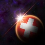 Switzerland Flag On 3d Football With Rising Sun Stock Photo