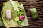 Nham Sour Pork In Banana Leaves Thai Food Stock Photo