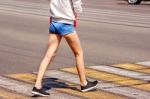 Road Crossing With Woman, Pedestrian Feet Stock Photo