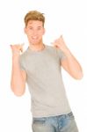 Young Man Showing hang loose sign Stock Photo