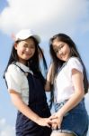 Two Asia Thai High School Student Best Friends Beautiful Girl Smile And Funny Stock Photo