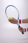 Woman Hands With Tennis Racket Stock Photo