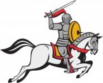 Knight Sword Shield Steed Attacking Cartoon Stock Photo