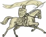 Knight Riding Horse Shield Lance Flag Drawing Stock Photo