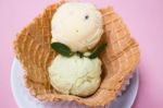 Homemade Ice Cream Scoops In Waffle Bowl Stock Photo