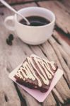 Cake Chocolate Brownie And Hot Coffee On Old Wooden Background Stock Photo