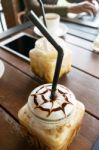 Coffee, Iced Coffee On Table Wood Background In Cafe Stock Photo