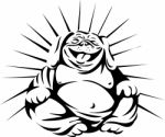 Laughing Bulldog Buddha Sitting Black And White Stock Photo