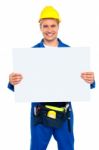 Woker Showing Blank White Board Stock Photo