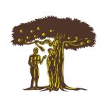 Adam And Eve Apple Serpent Woodcut Stock Photo