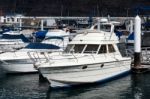 Boats Moored In Los Gigantes Marina Stock Photo