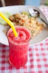 Red Watermelon Juice And Tofu Vegetable Fried Rice Stock Photo