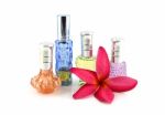 The Red Flowers And Orange,blue,green,violet Perfume Bottles Stock Photo