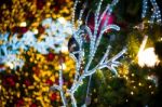 Glitter Red Ball Celebrate Christmas On Tree With Wire White Light Vignette Background Stock Photo