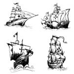 Set Of Columbus Ship Doodle Hand Drawn Stock Photo