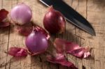 Shallots Still Life Wood Background Close Up Stock Photo