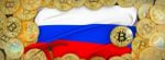 Bitcoins Gold Around Russia  Flag And Pickaxe On The Left.3d Ill Stock Photo