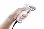 Hand Holding Barcode Scanner Stock Photo