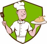 Chef Cook Roast Chicken Spatula Crest Cartoon Stock Photo