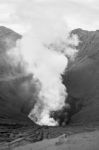 Close-up Volcano Crater Erupting Black And White Stock Photo