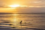 Fisherman Throwing Net , Fishing In The Morning On The Beach Stock Photo