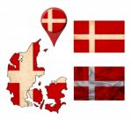 Grunge Denmark Flag, Map And Map Pointers Stock Photo