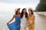 Portrait Of Young Asian Woman With Happiness Emotion Wearing Bea Stock Photo