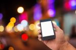 Hand Man With Smart Phone Mobile On Night City Stock Photo