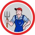 Farmer Holding Pitchfork Circle Cartoon Stock Photo