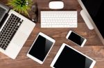 Communicator Technology On Wood Table Top View Stock Photo