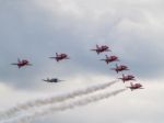 Red Arrows 50th Anniversary At Biggin Hill Airport Escorting A S Stock Photo