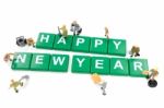 Miniature Worker Team Building Word Happy New Year On White Back Stock Photo