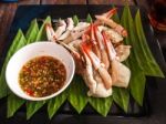 Steamed Blue Crab With Spicy Sauce Stock Photo