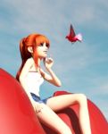 Girl Sitting On Red Heart Balloon And Looking At A Bird,3d Illustration Stock Photo