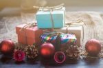 Gift On A Wooden Table Stock Photo