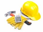 Hat Hammer Calculator and Gloves Stock Photo