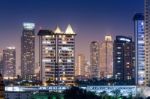 Night Architecture Business Office Building And  Modern Complex Stock Photo