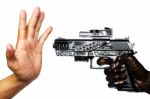 Hand With Gun Stained With Engine Oil Pointing To Empty Hand Stock Photo