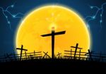 Halloween Graveyard Cross Thunderbolt Stock Photo