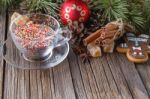 Rustic Wooden Table With Spice And Cup Stock Photo